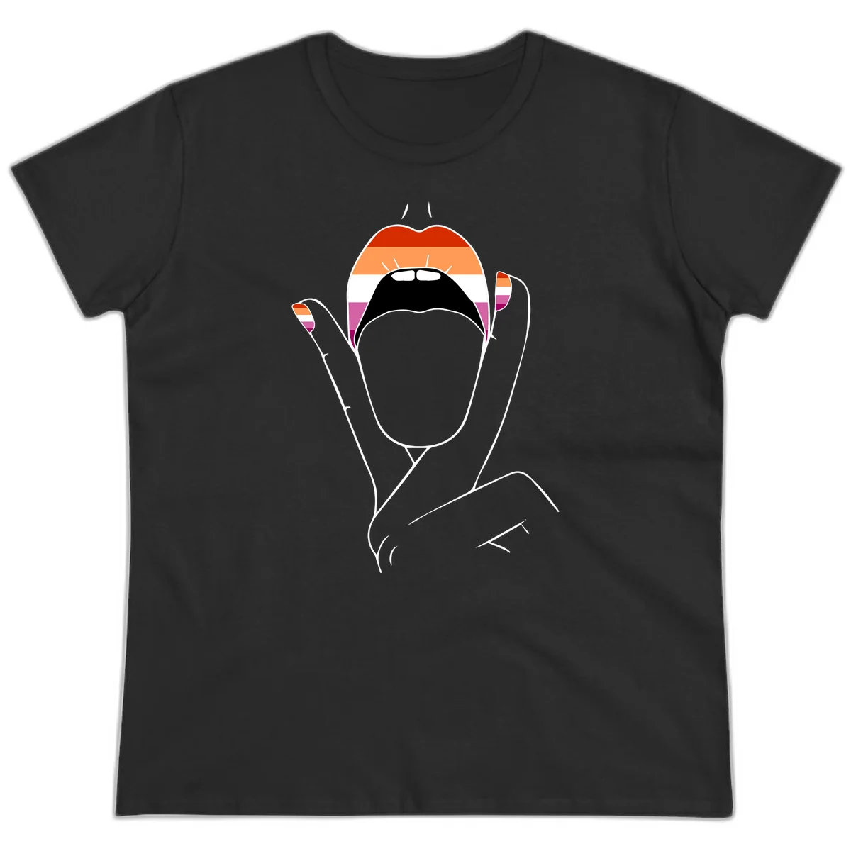 Illustration of woman's face with raised hands in lesbian pride flag colors - red, orange, white, pink, magenta stripes in Black