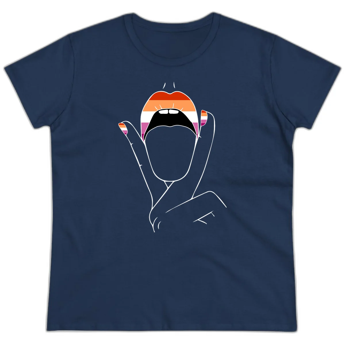 Illustration of woman's face with raised hands in lesbian pride flag colors - red, orange, white, pink, magenta stripes in Navy