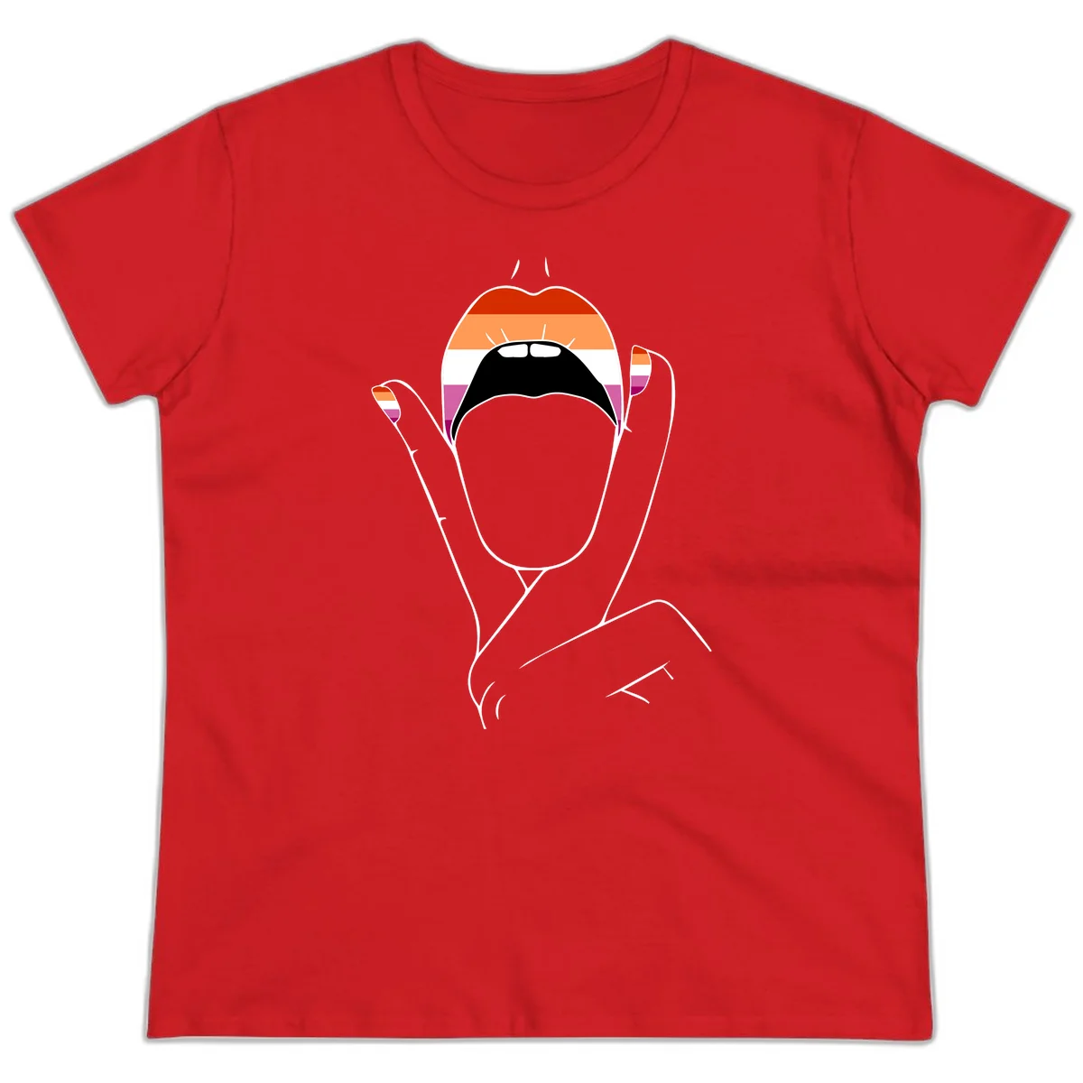 Illustration of woman's face with raised hands in lesbian pride flag colors - red, orange, white, pink, magenta stripes in Red