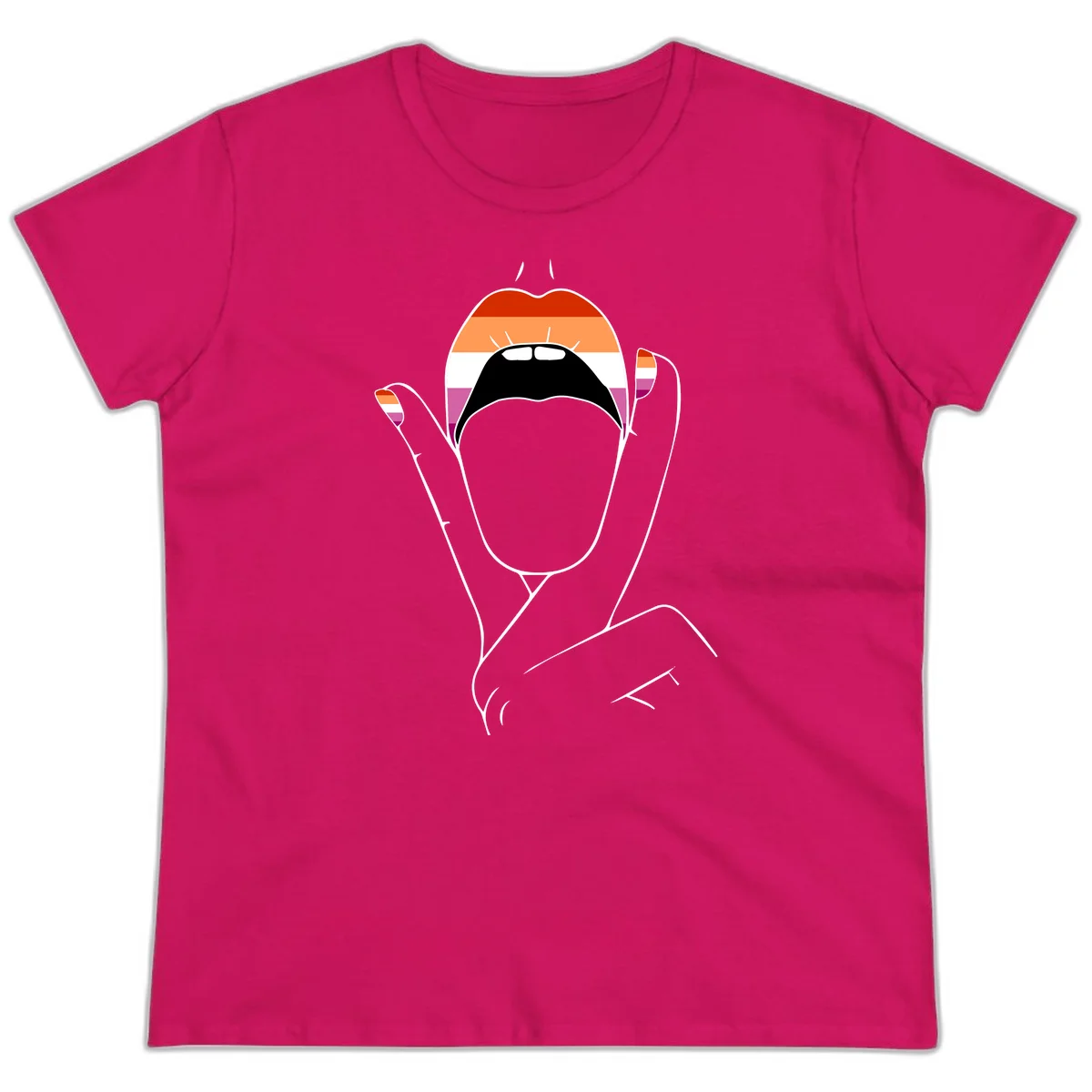 Illustration of woman's face with raised hands in lesbian pride flag colors - red, orange, white, pink, magenta stripes in Heliconia