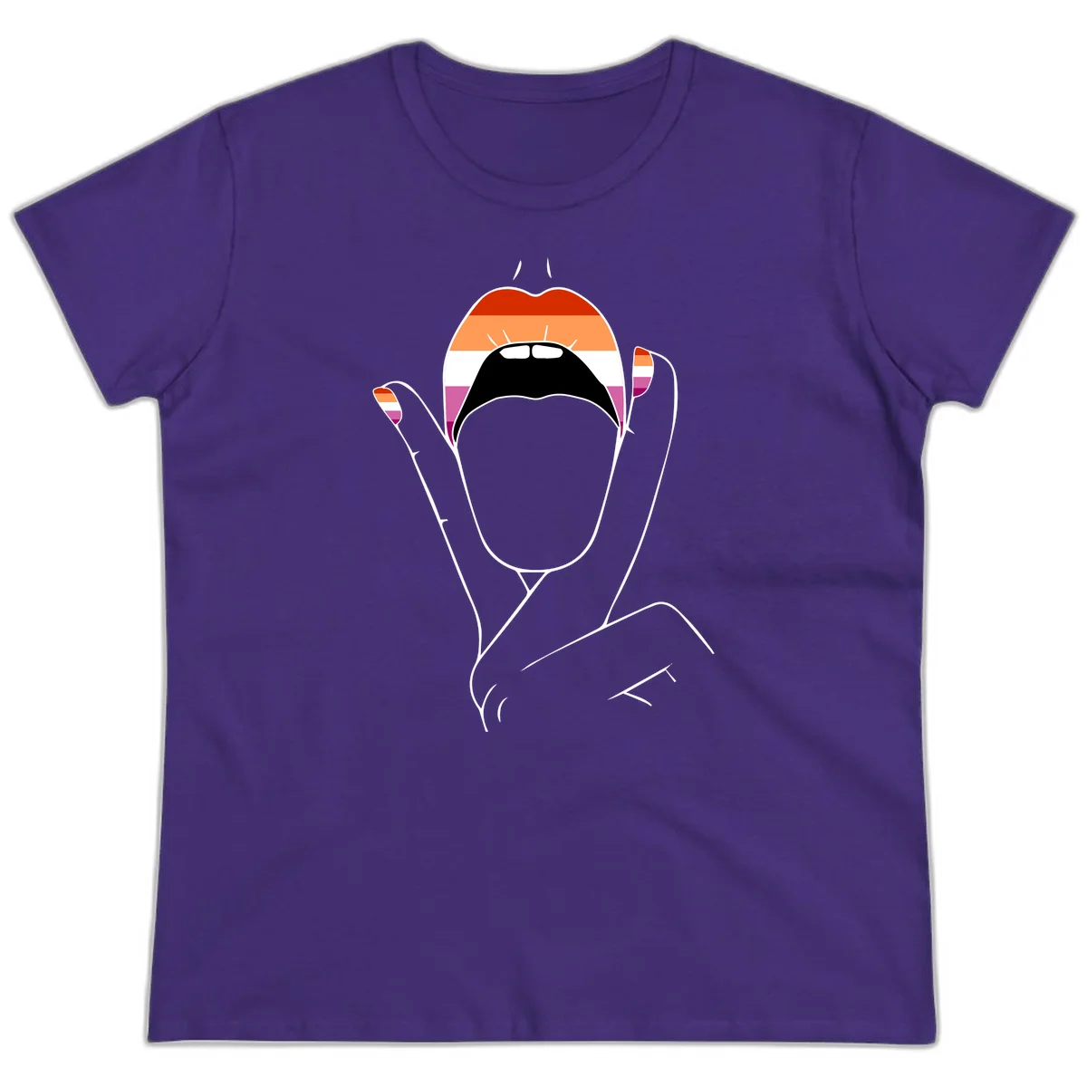 Illustration of woman's face with raised hands in lesbian pride flag colors - red, orange, white, pink, magenta stripes in Purple