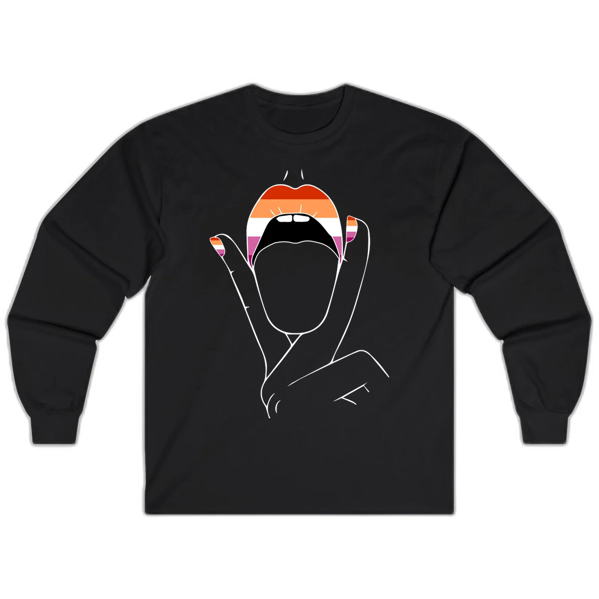 Illustration of woman's face with raised hands in lesbian pride flag colors - red, orange, white, pink, magenta stripes in Black