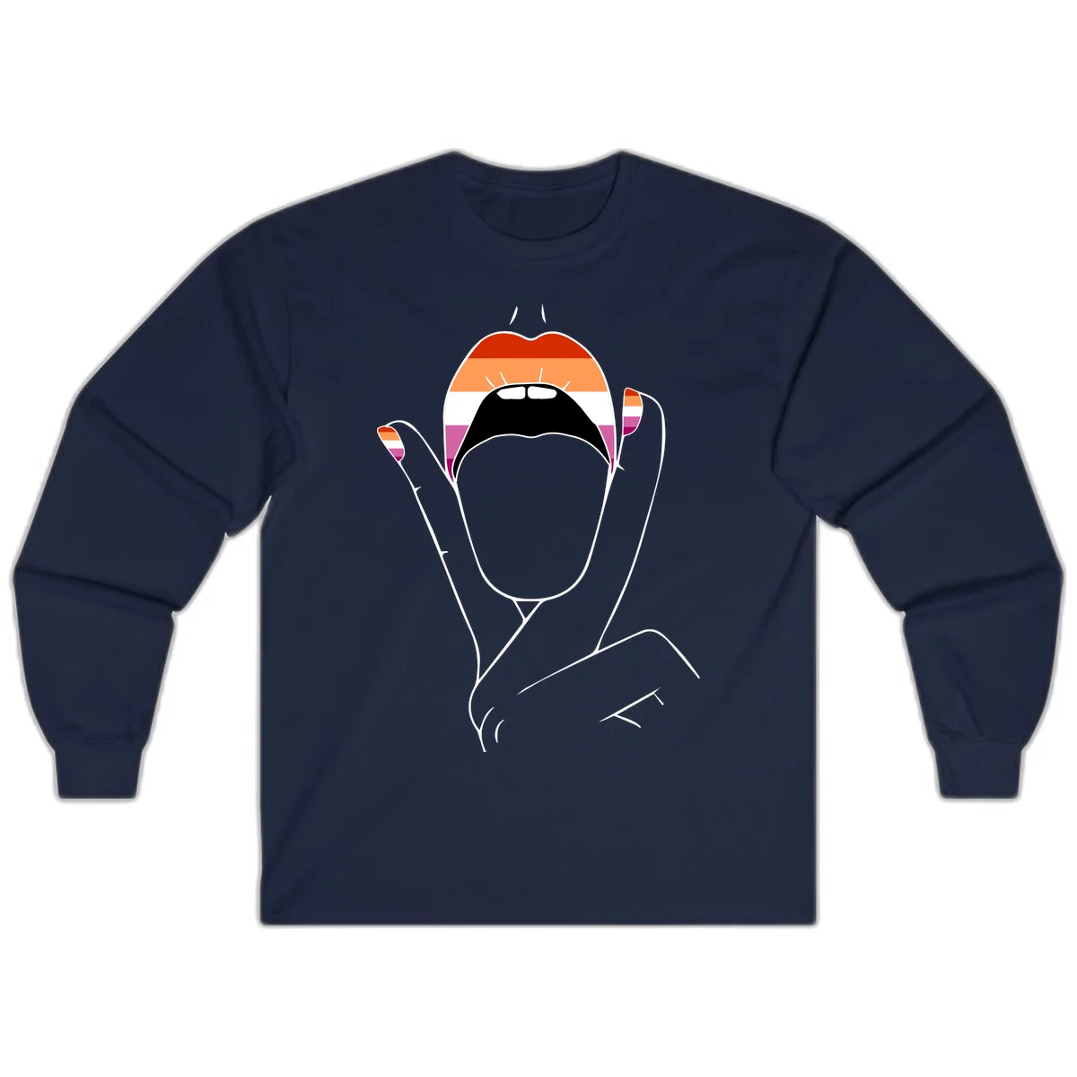 Illustration of woman's face with raised hands in lesbian pride flag colors - red, orange, white, pink, magenta stripes in Navy