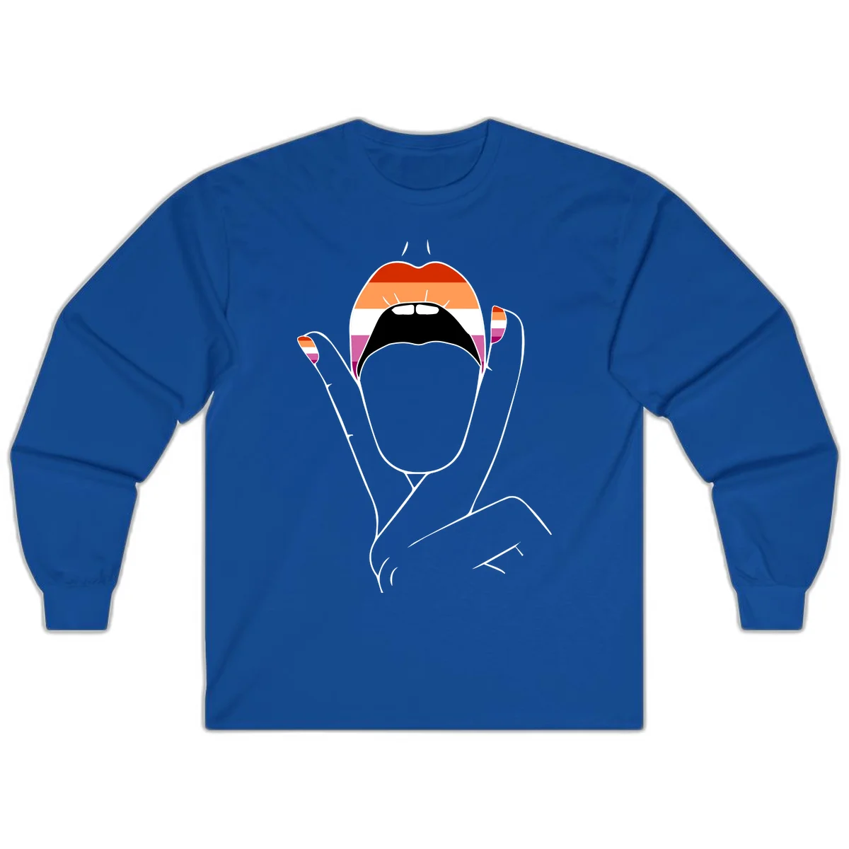 Illustration of woman's face with raised hands in lesbian pride flag colors - red, orange, white, pink, magenta stripes in Royal