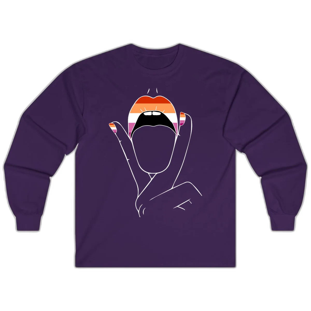 Illustration of woman's face with raised hands in lesbian pride flag colors - red, orange, white, pink, magenta stripes in Purple