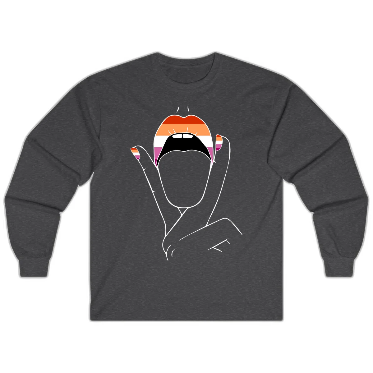 Illustration of woman's face with raised hands in lesbian pride flag colors - red, orange, white, pink, magenta stripes in Dark Heather