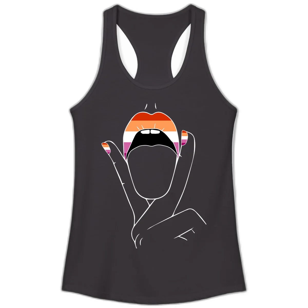 Illustration of woman's face with raised hands in lesbian pride flag colors - red, orange, white, pink, magenta stripes in Black