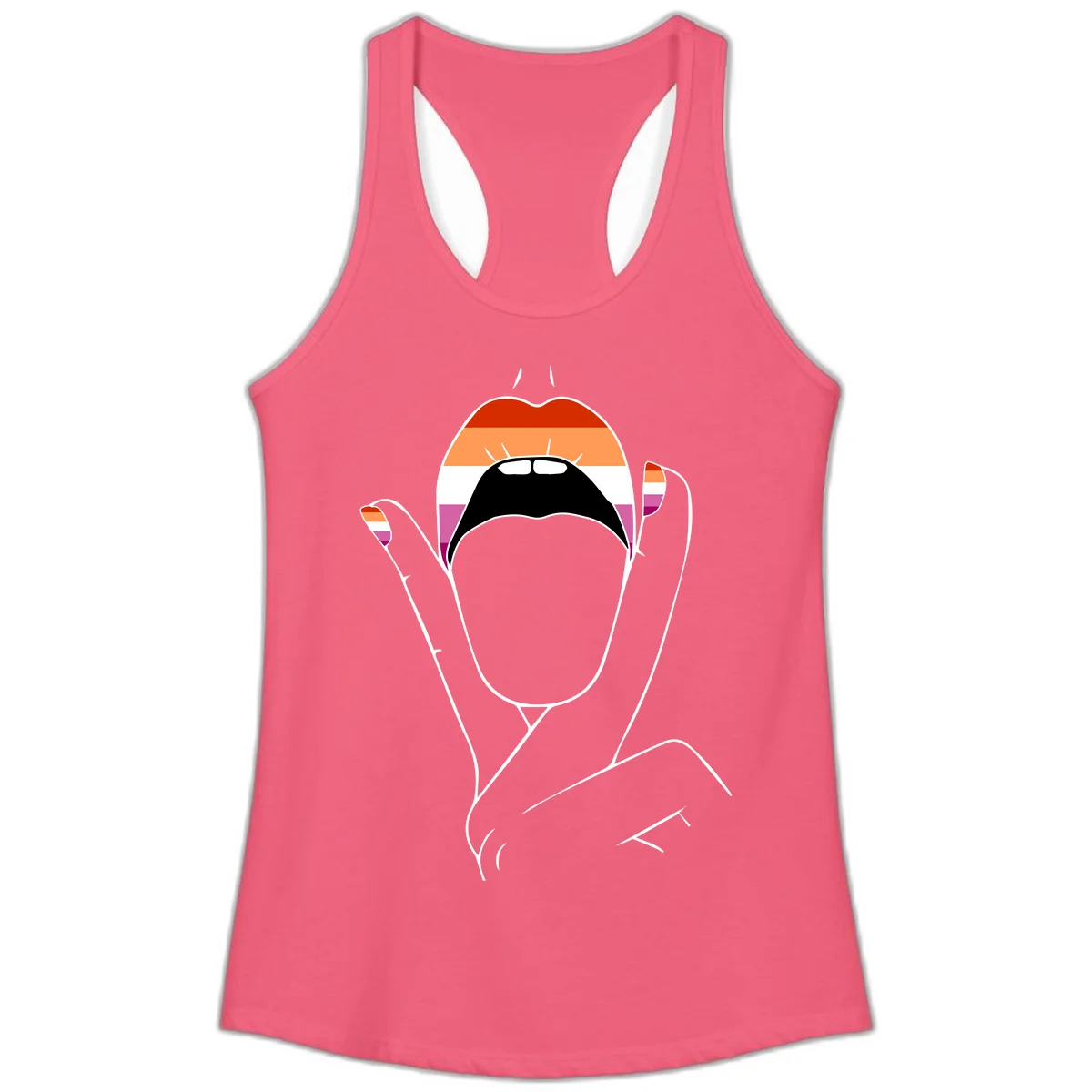 Illustration of woman's face with raised hands in lesbian pride flag colors - red, orange, white, pink, magenta stripes in Hot Pink