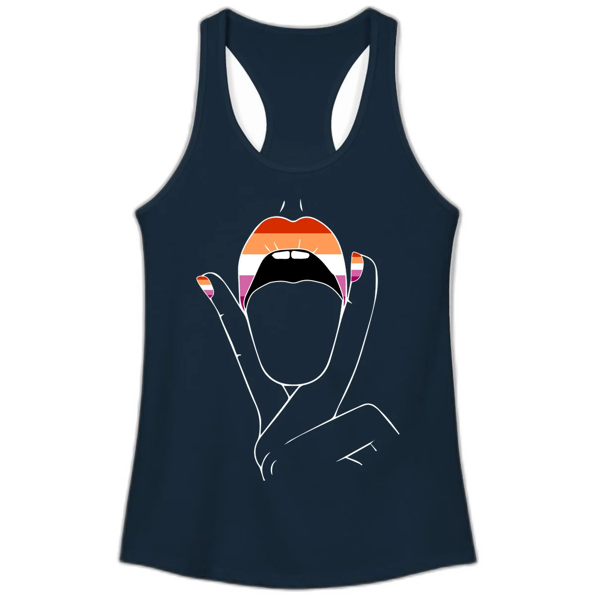 Illustration of woman's face with raised hands in lesbian pride flag colors - red, orange, white, pink, magenta stripes in Solid Midnight Navy