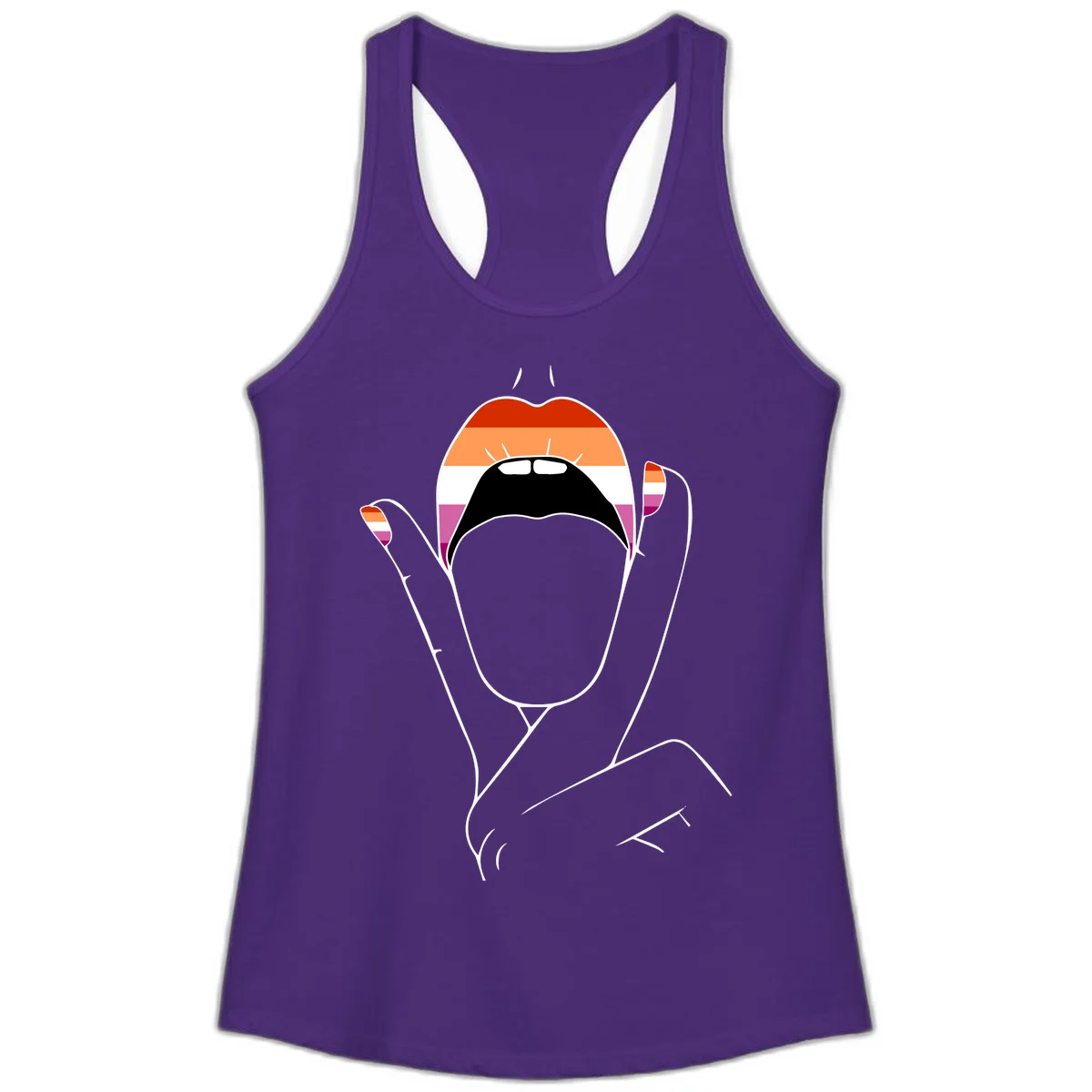 Illustration of woman's face with raised hands in lesbian pride flag colors - red, orange, white, pink, magenta stripes in Solid Purple Rush