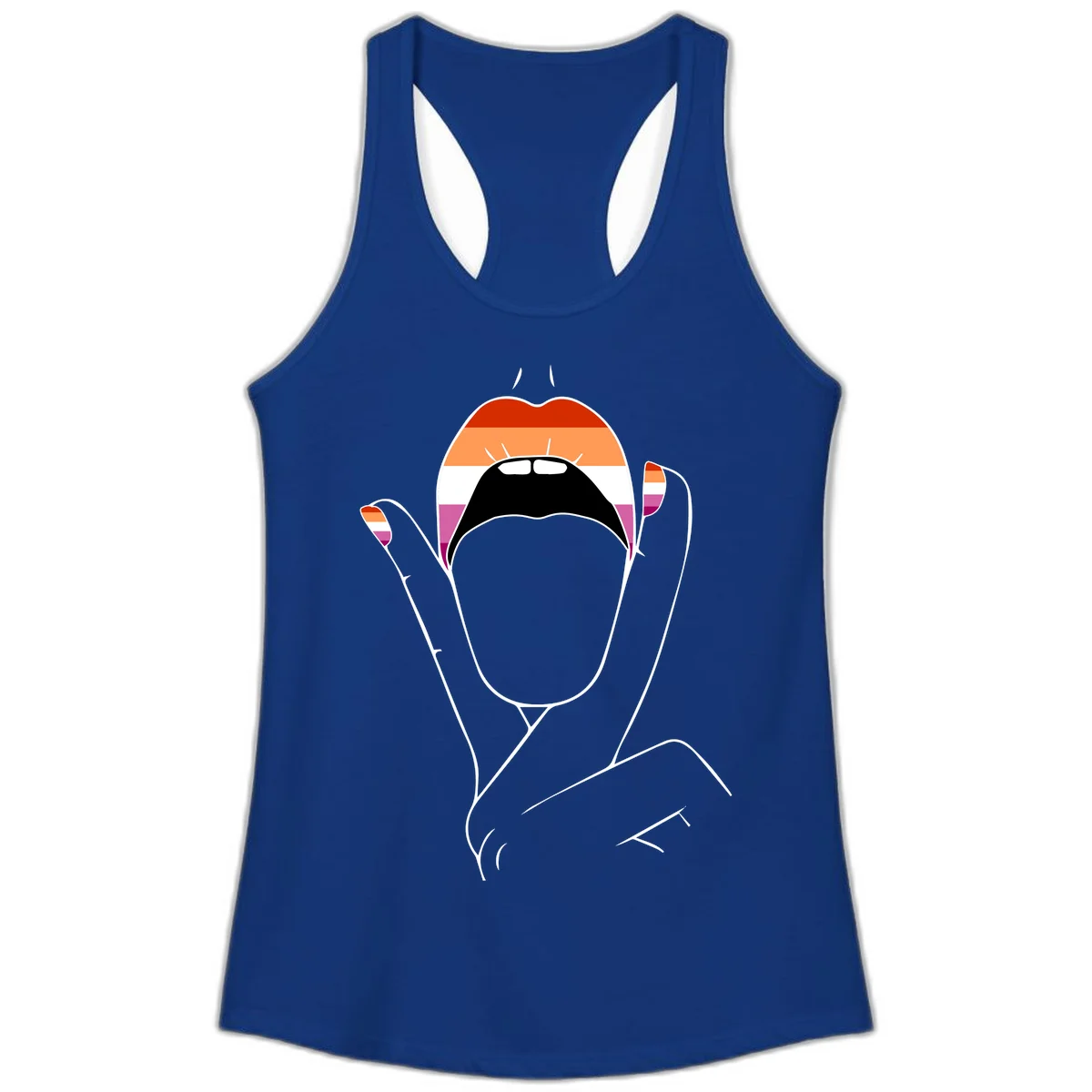 Illustration of woman's face with raised hands in lesbian pride flag colors - red, orange, white, pink, magenta stripes in Solid Royal