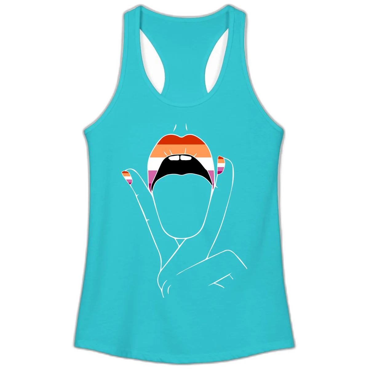 Illustration of woman's face with raised hands in lesbian pride flag colors - red, orange, white, pink, magenta stripes in Solid Tahiti Blue