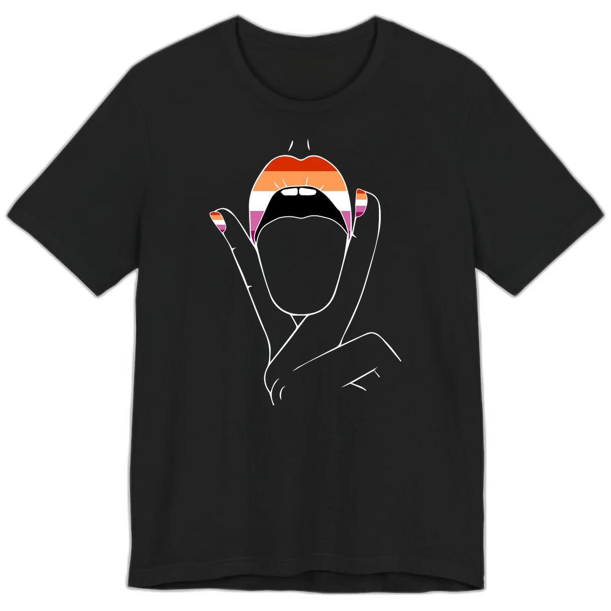 Illustration of woman's face with raised hands in lesbian pride flag colors - red, orange, white, pink, magenta stripes in Black