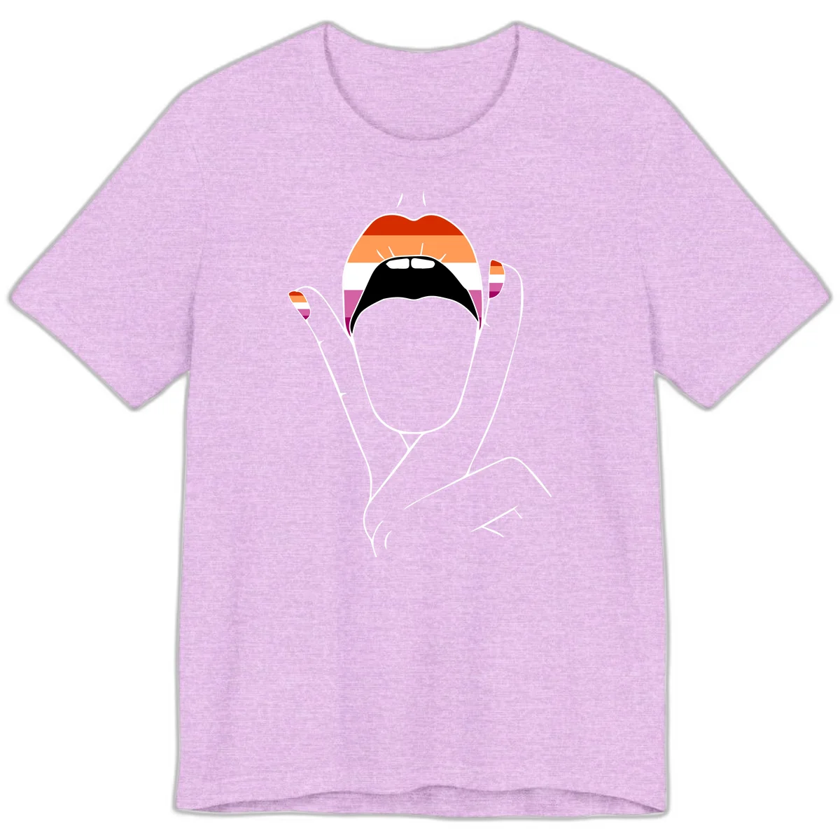 Illustration of woman's face with raised hands in lesbian pride flag colors - red, orange, white, pink, magenta stripes in Heather Prism Lilac