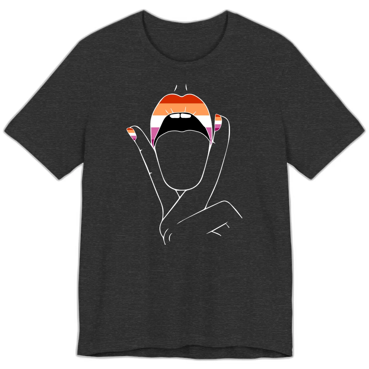 Illustration of woman's face with raised hands in lesbian pride flag colors - red, orange, white, pink, magenta stripes in Dark Grey Heather