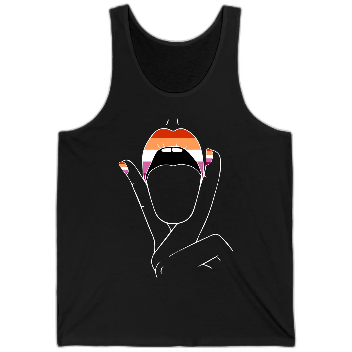 Illustration of woman's face with raised hands in lesbian pride flag colors - red, orange, white, pink, magenta stripes in Black