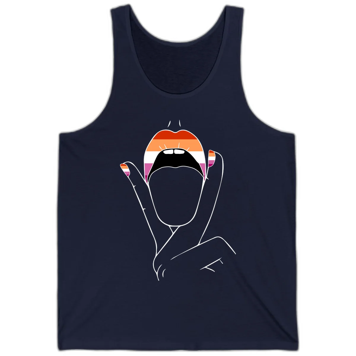 Illustration of woman's face with raised hands in lesbian pride flag colors - red, orange, white, pink, magenta stripes in Navy