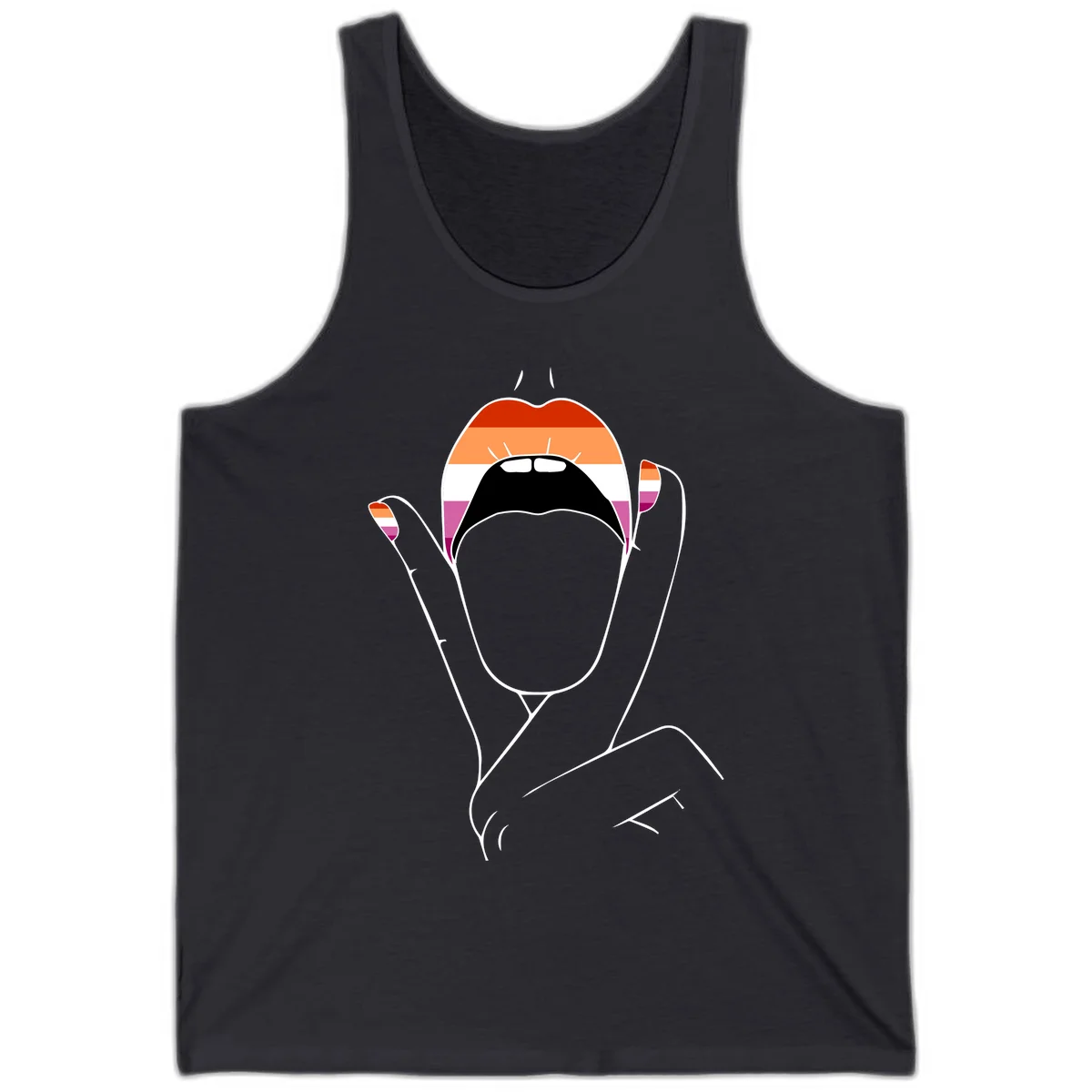 Illustration of woman's face with raised hands in lesbian pride flag colors - red, orange, white, pink, magenta stripes in Dark Grey