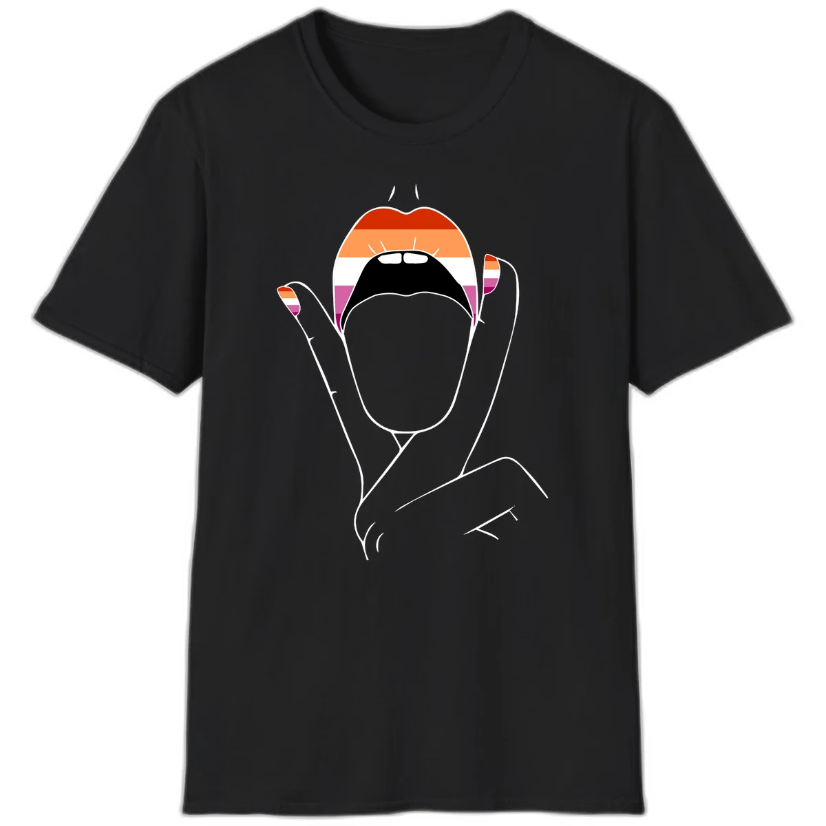 Illustration of woman's face with raised hands in lesbian pride flag colors - red, orange, white, pink, magenta stripes in Black