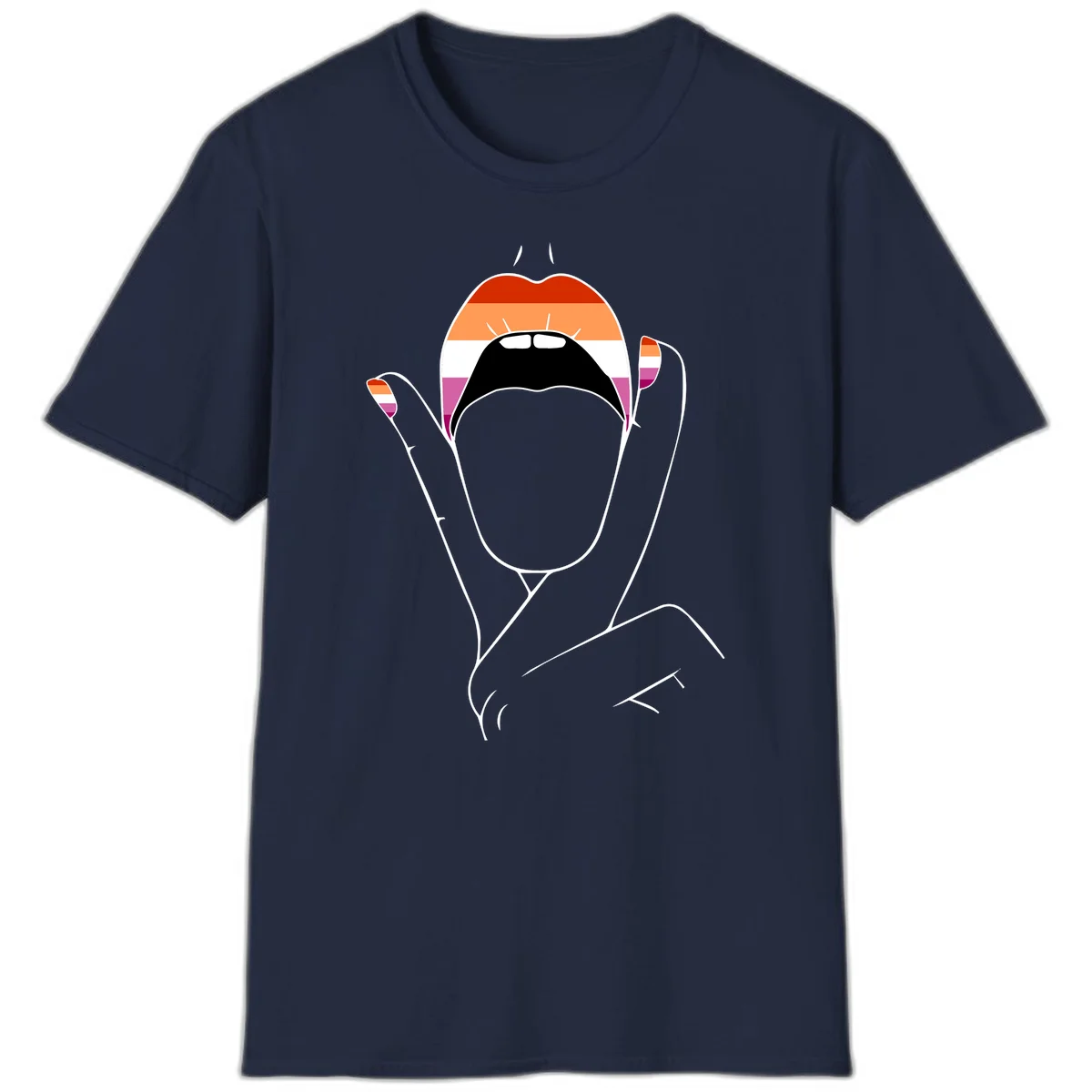 Illustration of woman's face with raised hands in lesbian pride flag colors - red, orange, white, pink, magenta stripes in Navy