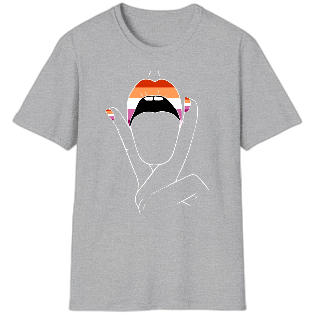 Illustration of woman's face with raised hands in lesbian pride flag colors - red, orange, white, pink, magenta stripes in Sport Grey