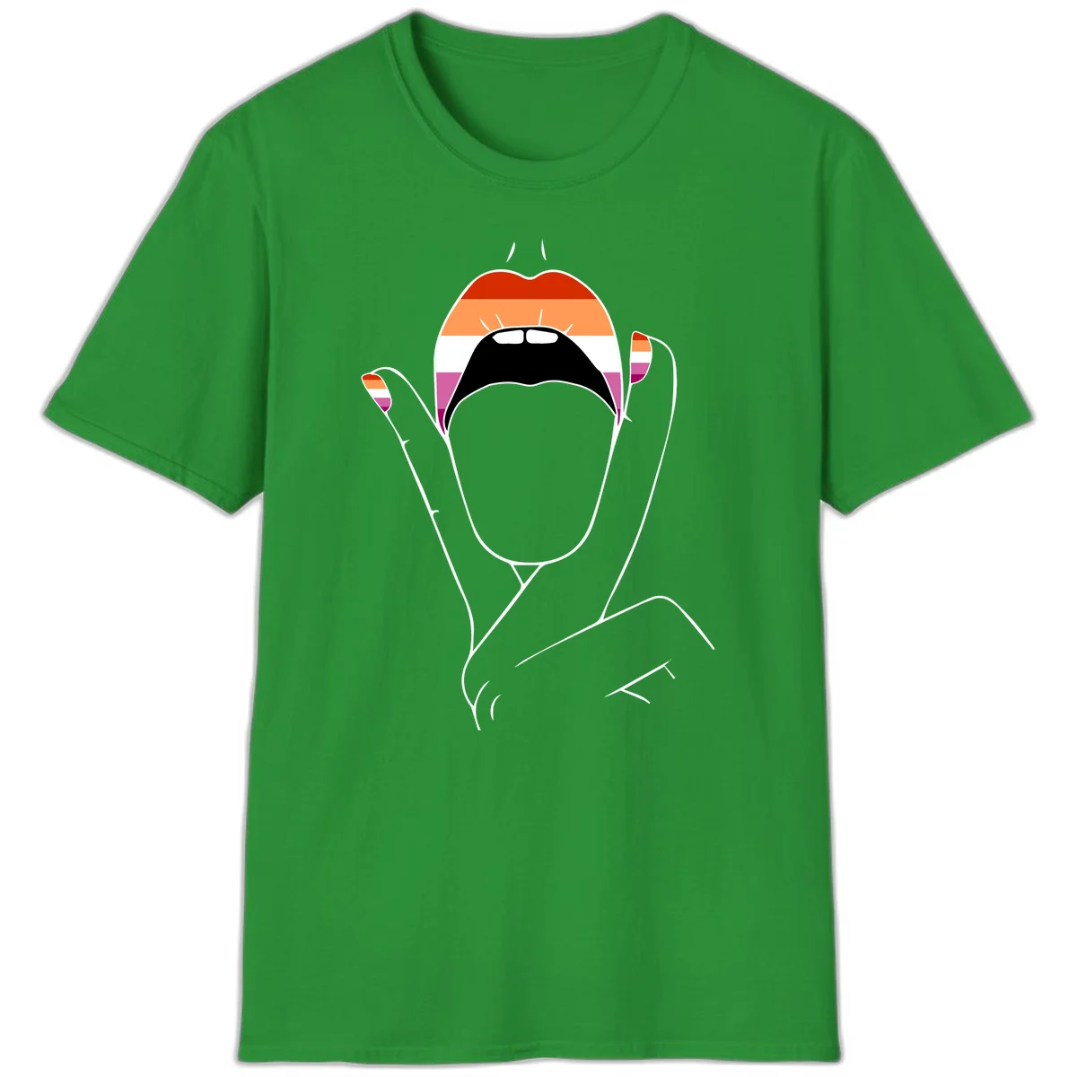 Illustration of woman's face with raised hands in lesbian pride flag colors - red, orange, white, pink, magenta stripes in Irish Green