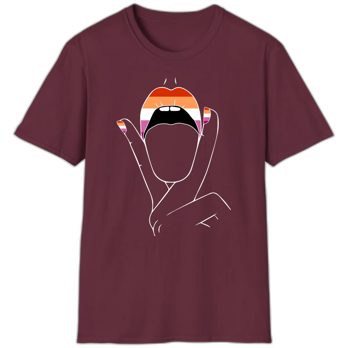 Illustration of woman's face with raised hands in lesbian pride flag colors - red, orange, white, pink, magenta stripes in Maroon