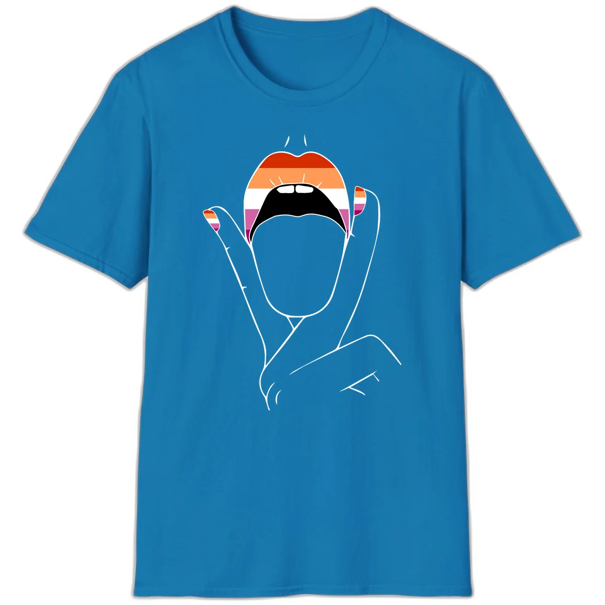 Illustration of woman's face with raised hands in lesbian pride flag colors - red, orange, white, pink, magenta stripes in Sapphire