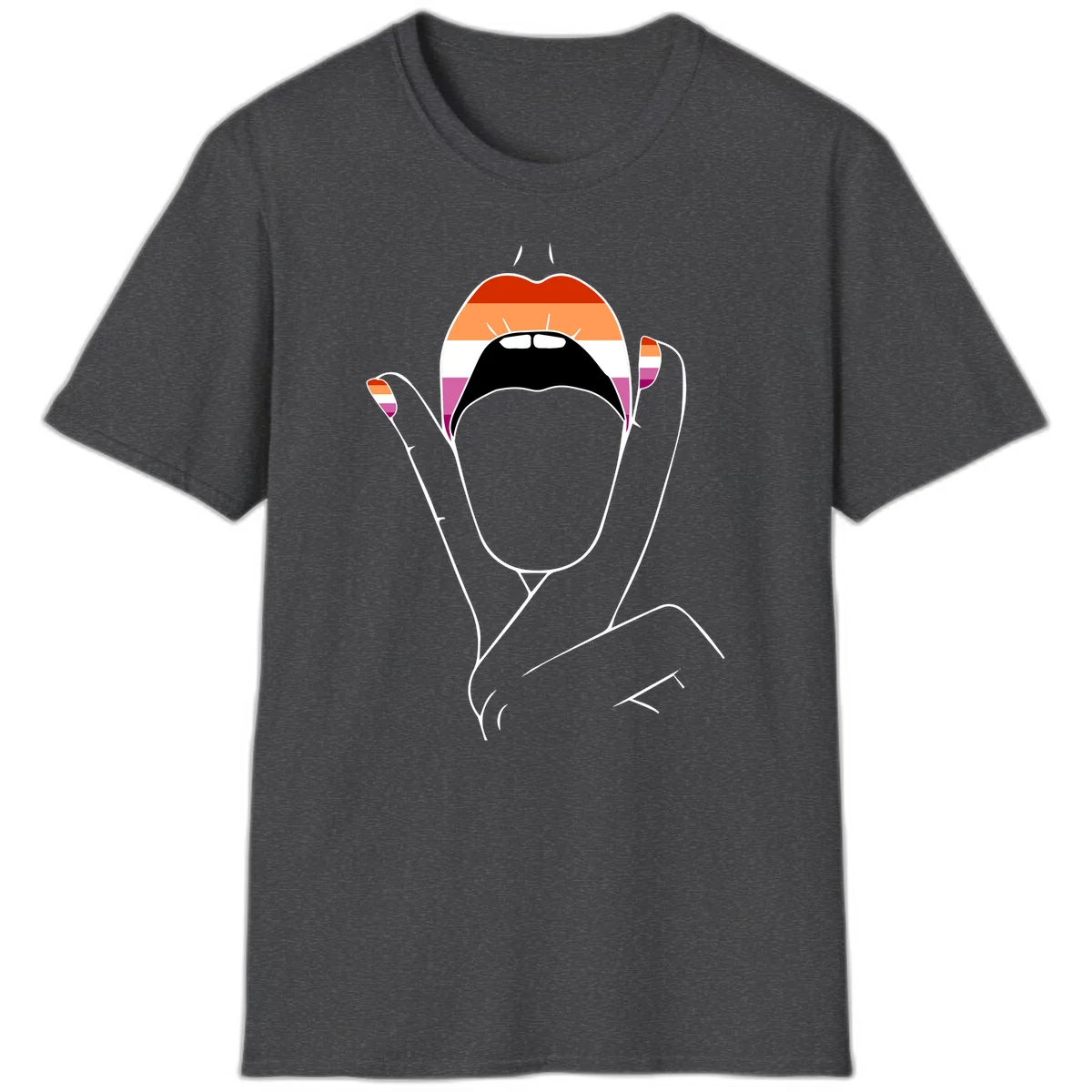 Illustration of woman's face with raised hands in lesbian pride flag colors - red, orange, white, pink, magenta stripes in Dark Heather