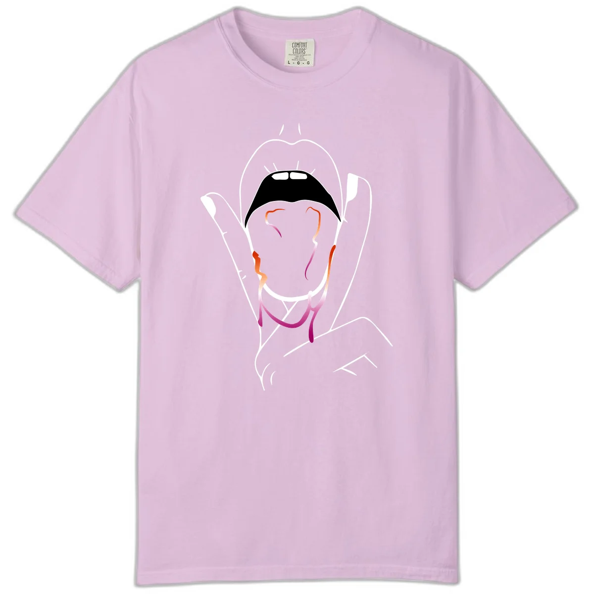 Minimalist line art illustration of an open mouth with colorful gradient tongue in pride colors on gray background in Orchid