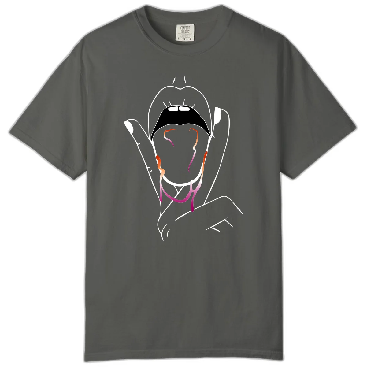 Minimalist line art illustration of an open mouth with colorful gradient tongue in pride colors on gray background in Pepper