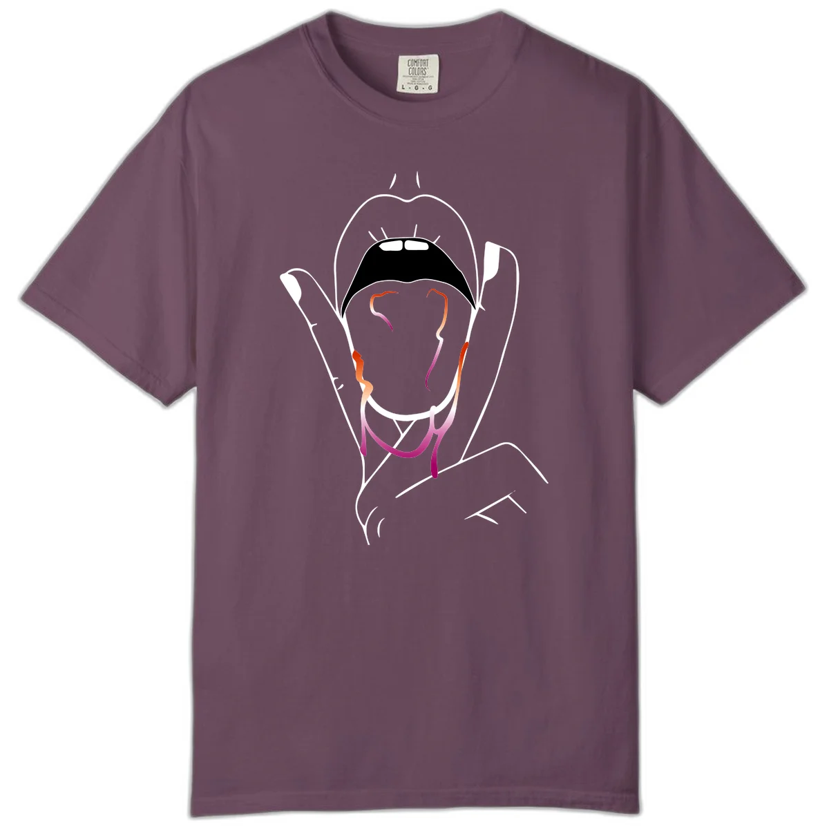 Minimalist line art illustration of an open mouth with colorful gradient tongue in pride colors on gray background in Berry