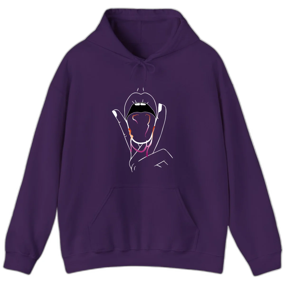 Minimalist line art illustration of an open mouth with colorful gradient tongue in pride colors on gray background in Purple