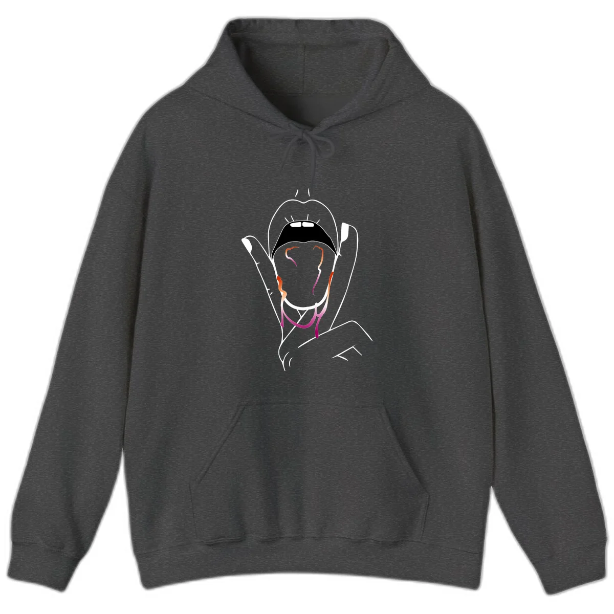 Minimalist line art illustration of an open mouth with colorful gradient tongue in pride colors on gray background in Dark Heather