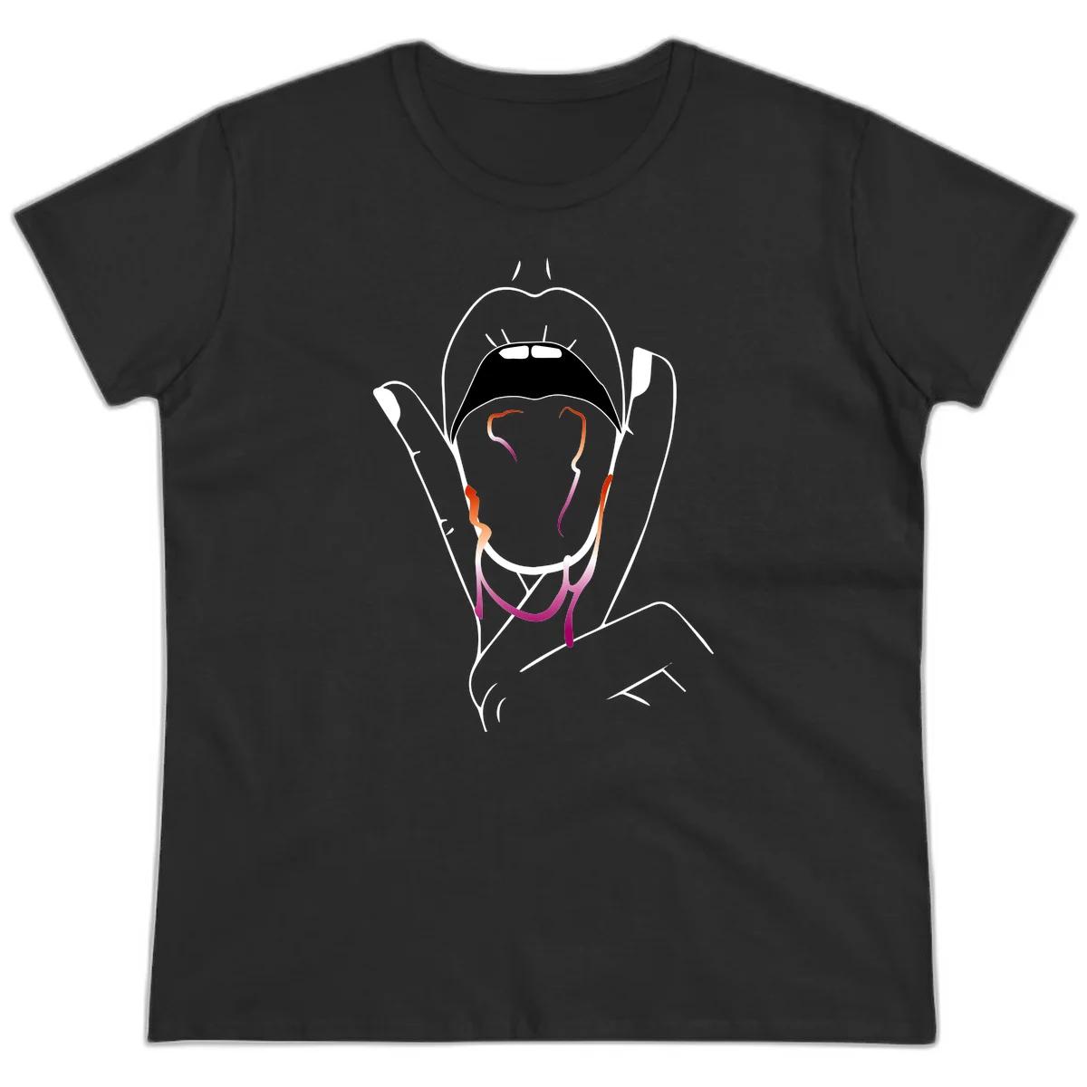 Minimalist line art illustration of an open mouth with colorful gradient tongue in pride colors on gray background in Black