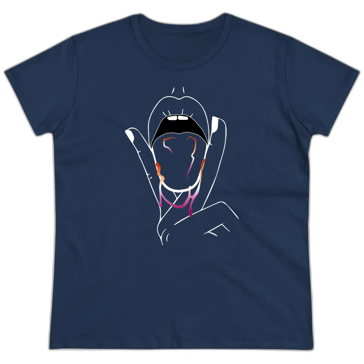 Minimalist line art illustration of an open mouth with colorful gradient tongue in pride colors on gray background in Navy