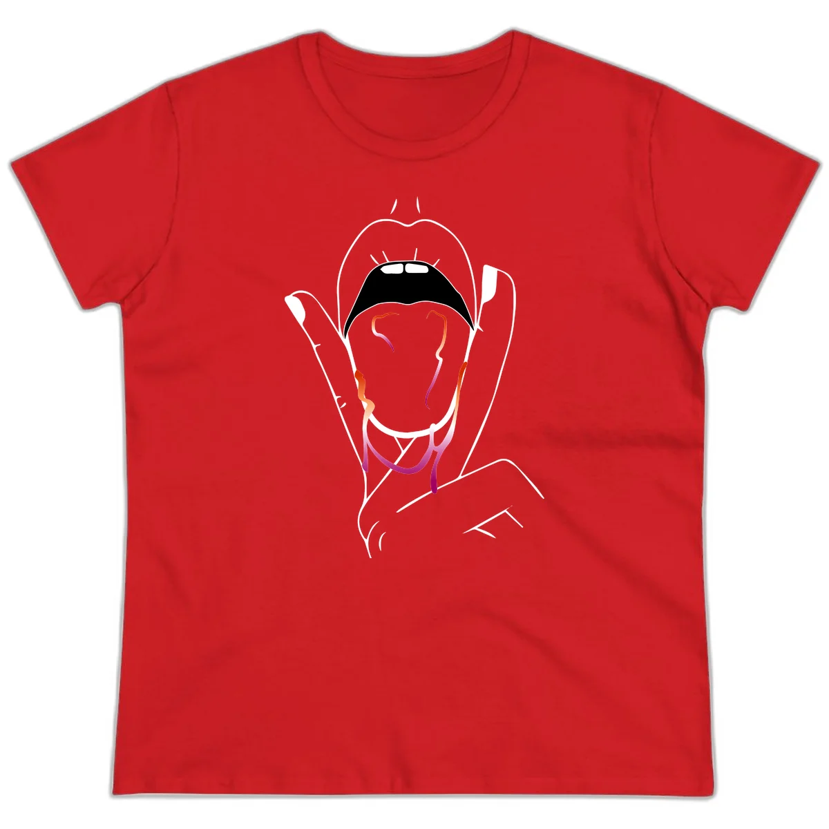 Minimalist line art illustration of an open mouth with colorful gradient tongue in pride colors on gray background in Red