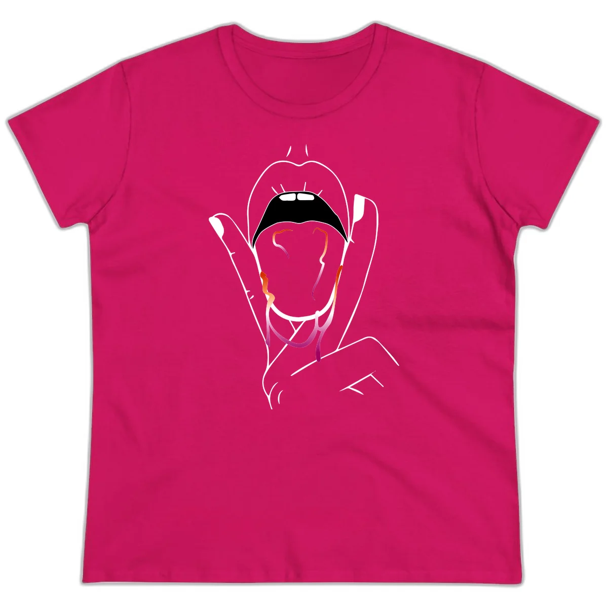 Minimalist line art illustration of an open mouth with colorful gradient tongue in pride colors on gray background in Heliconia