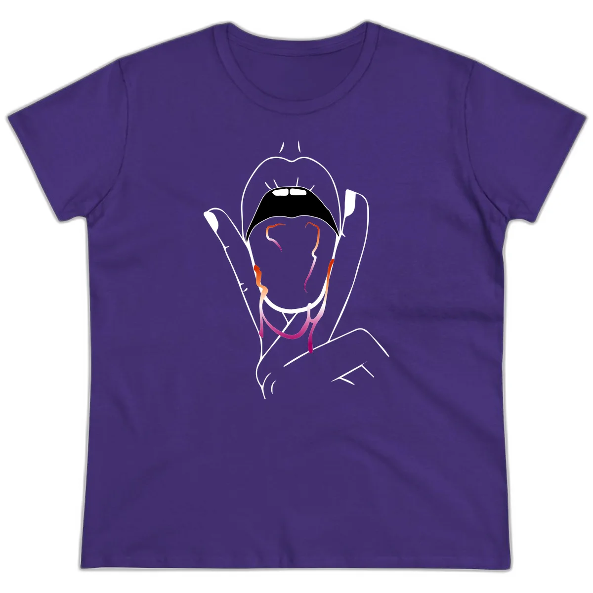 Minimalist line art illustration of an open mouth with colorful gradient tongue in pride colors on gray background in Purple
