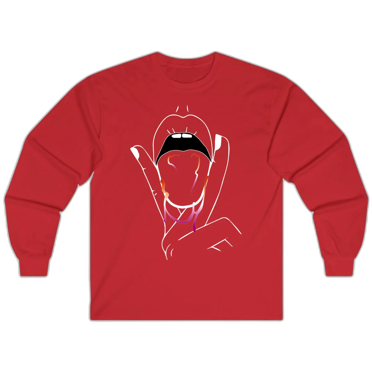 Minimalist line art illustration of an open mouth with colorful gradient tongue in pride colors on gray background in Red