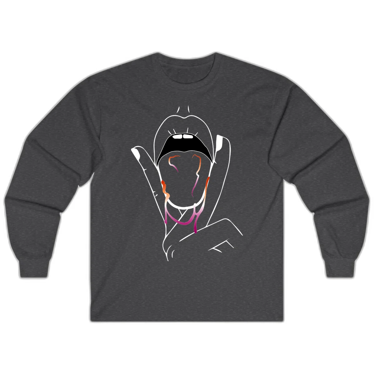 Minimalist line art illustration of an open mouth with colorful gradient tongue in pride colors on gray background in Dark Heather