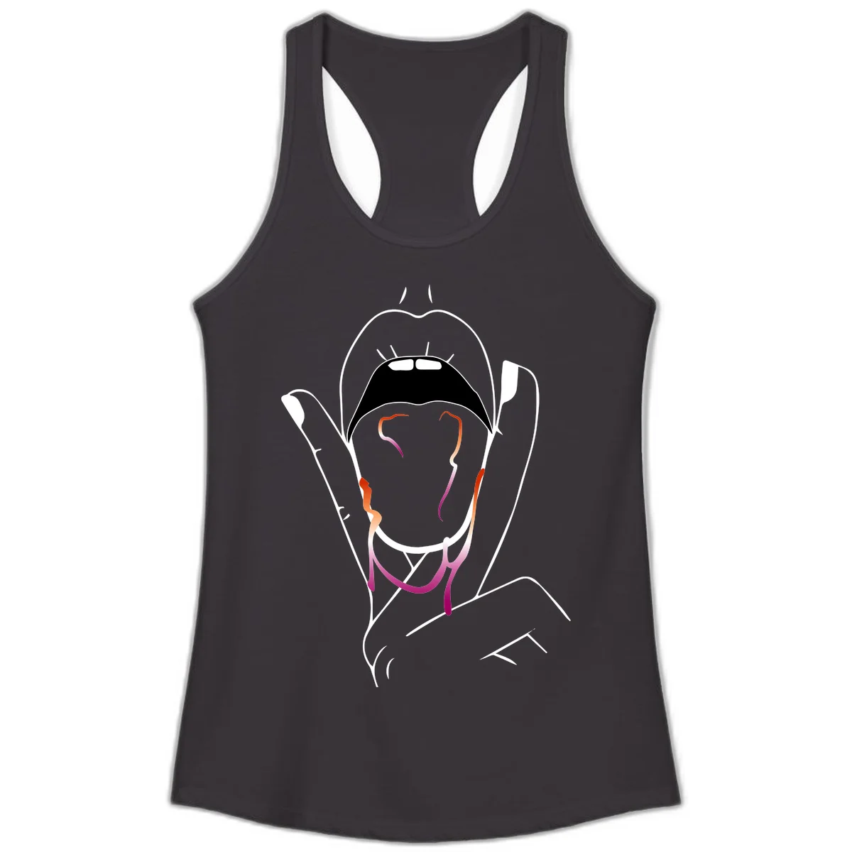 Minimalist line art illustration of an open mouth with colorful gradient tongue in pride colors on gray background in Black