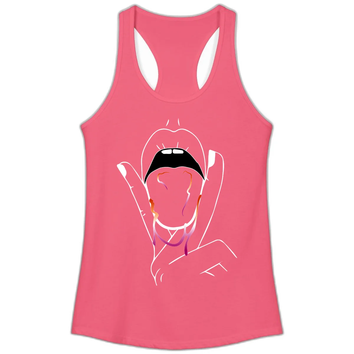 Minimalist line art illustration of an open mouth with colorful gradient tongue in pride colors on gray background in Hot Pink