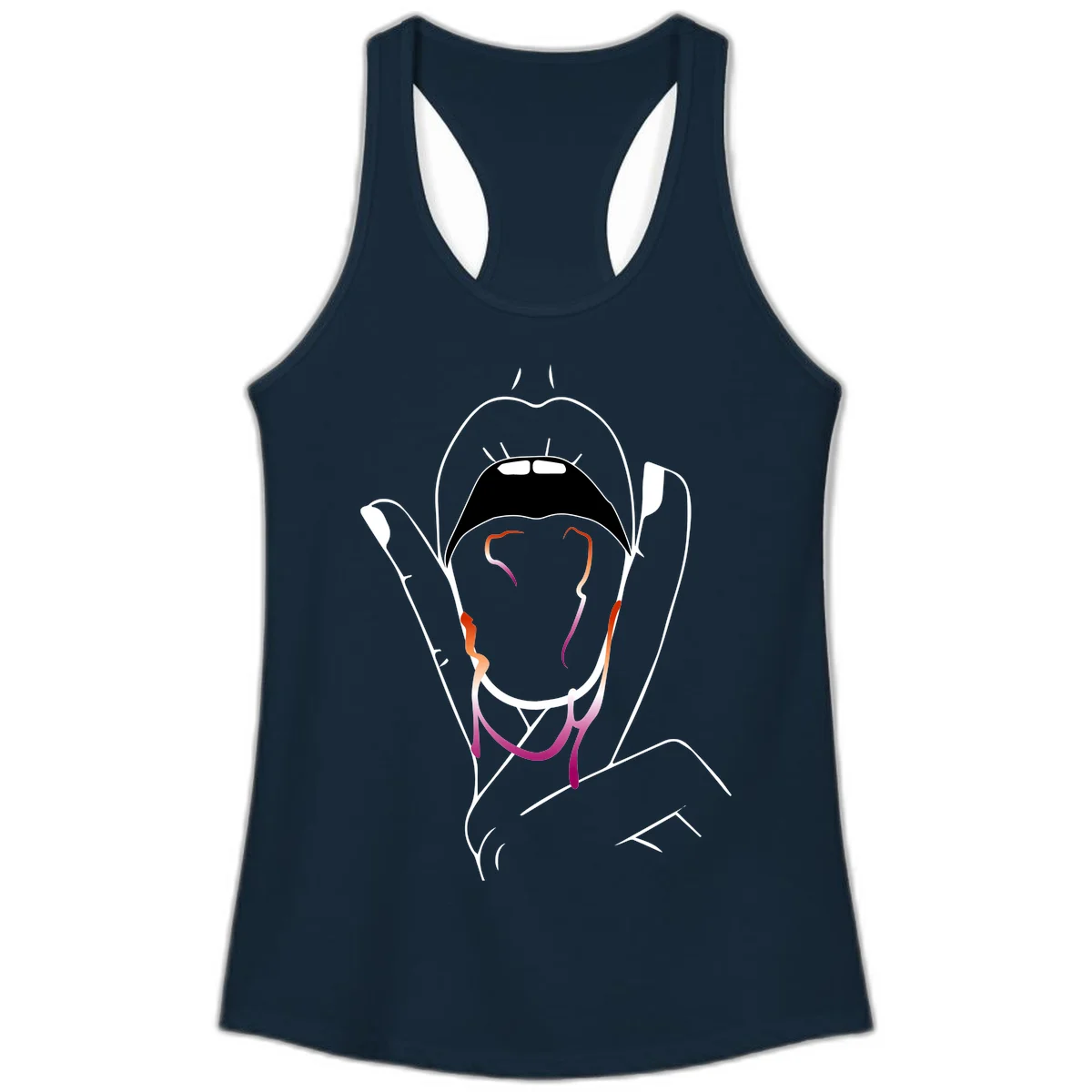 Minimalist line art illustration of an open mouth with colorful gradient tongue in pride colors on gray background in Solid Midnight Navy