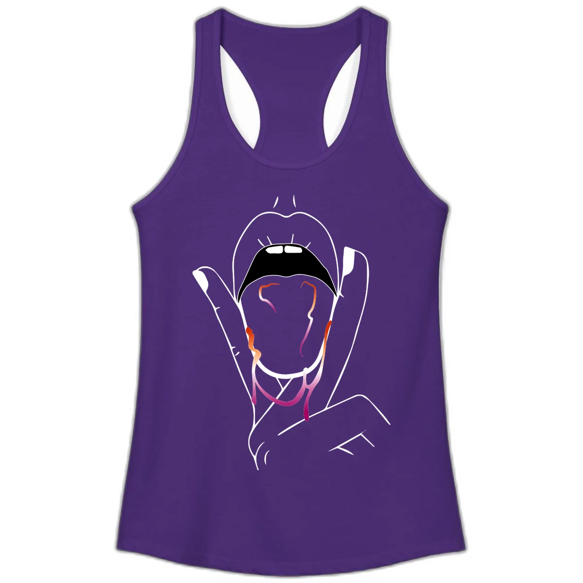 Minimalist line art illustration of an open mouth with colorful gradient tongue in pride colors on gray background in Solid Purple Rush