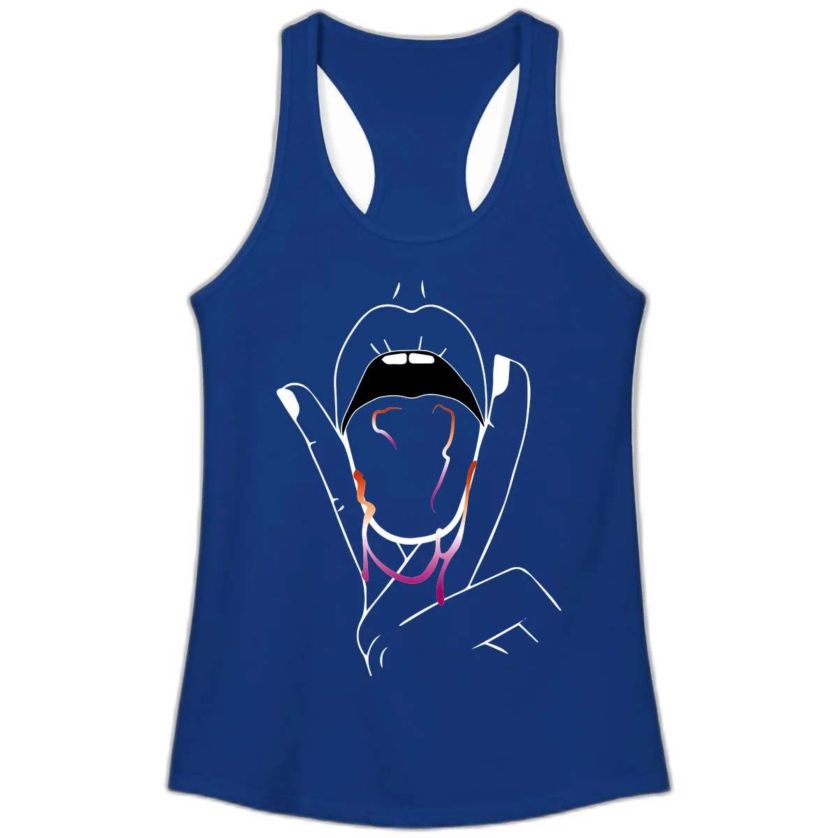 Minimalist line art illustration of an open mouth with colorful gradient tongue in pride colors on gray background in Solid Royal