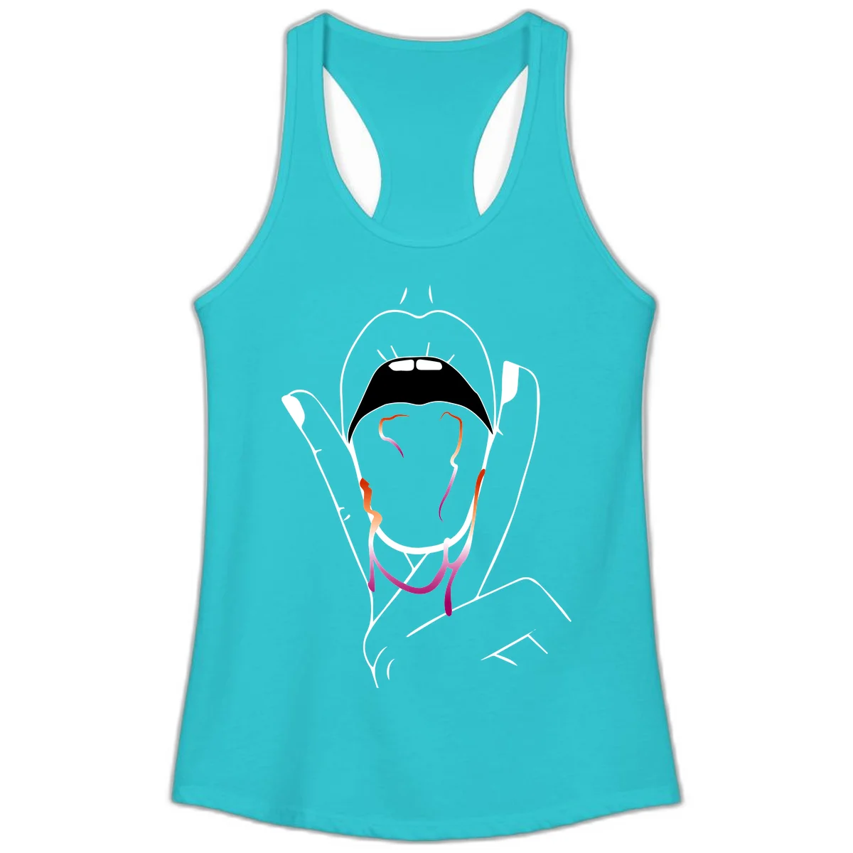 Minimalist line art illustration of an open mouth with colorful gradient tongue in pride colors on gray background in Solid Tahiti Blue