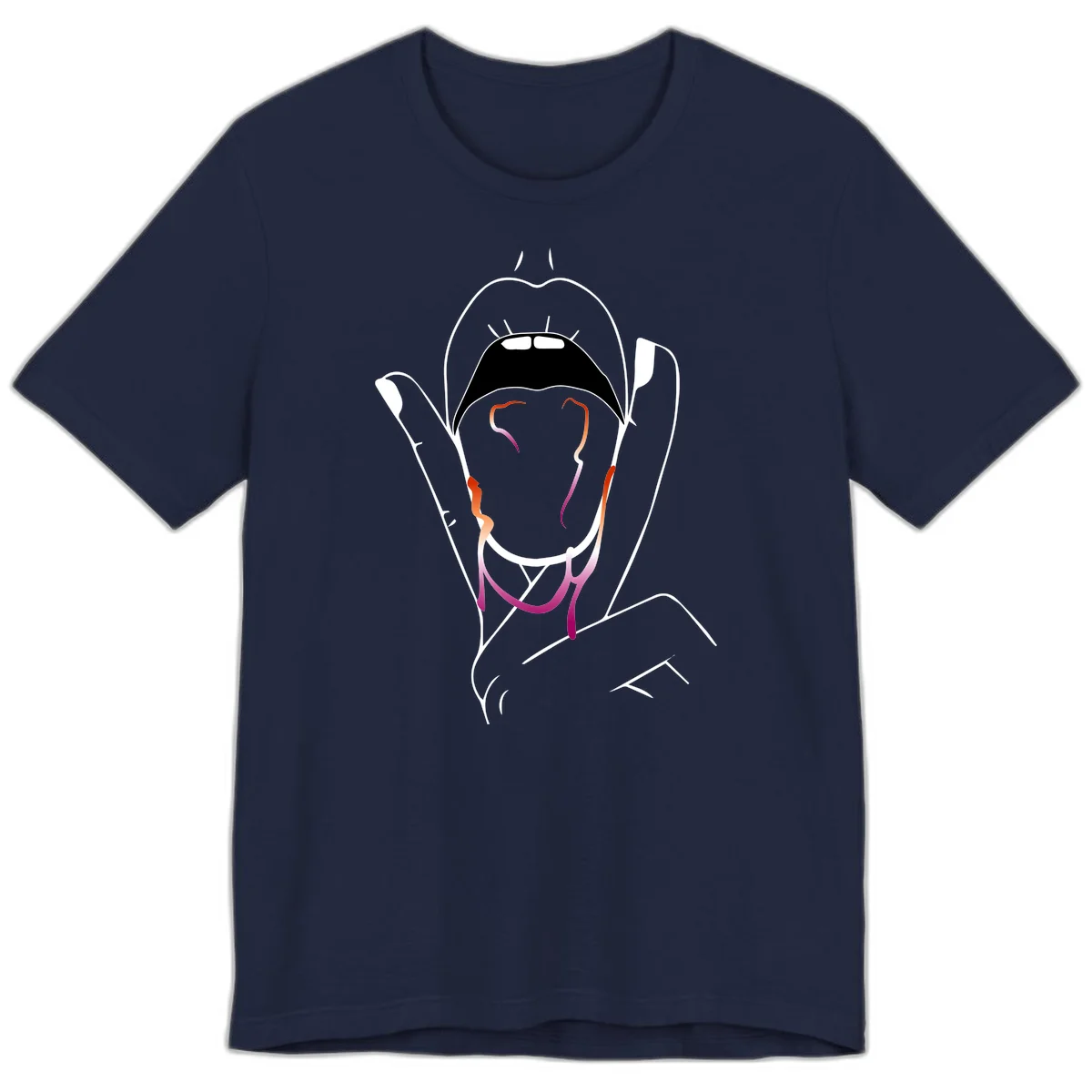 Minimalist line art illustration of an open mouth with colorful gradient tongue in pride colors on gray background in Navy