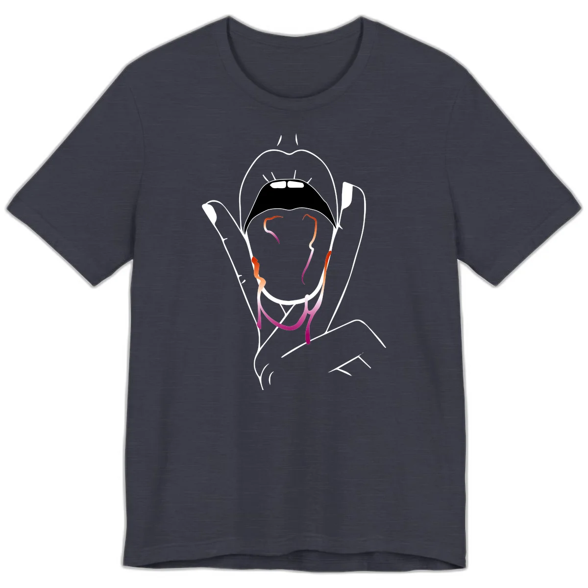 Minimalist line art illustration of an open mouth with colorful gradient tongue in pride colors on gray background in Heather Midnight Navy