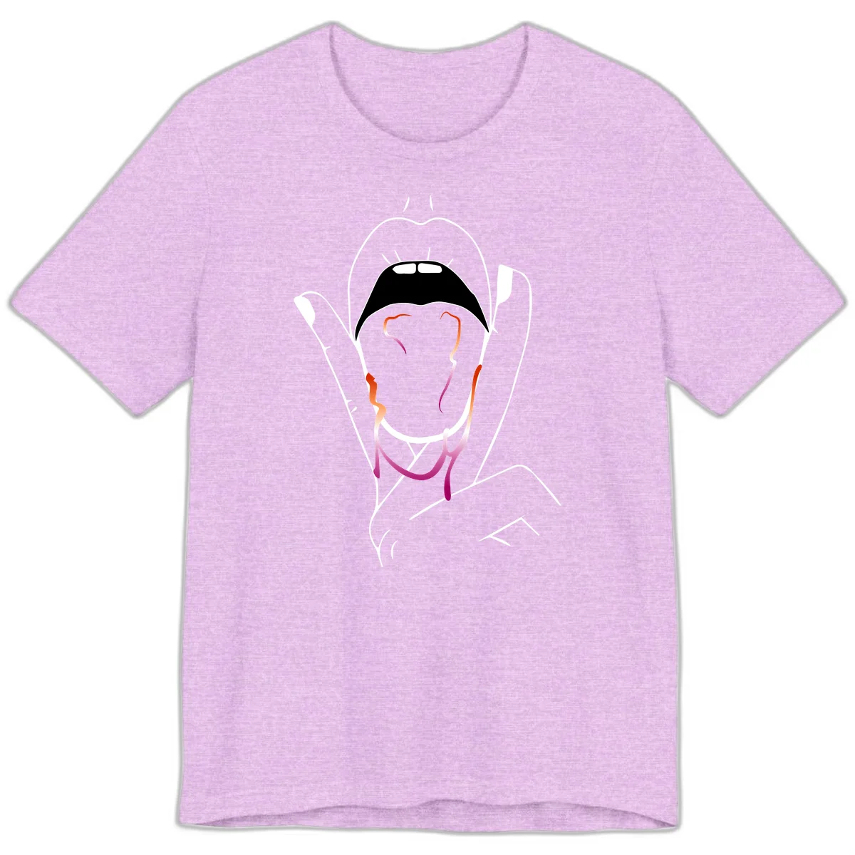 Minimalist line art illustration of an open mouth with colorful gradient tongue in pride colors on gray background in Heather Prism Lilac